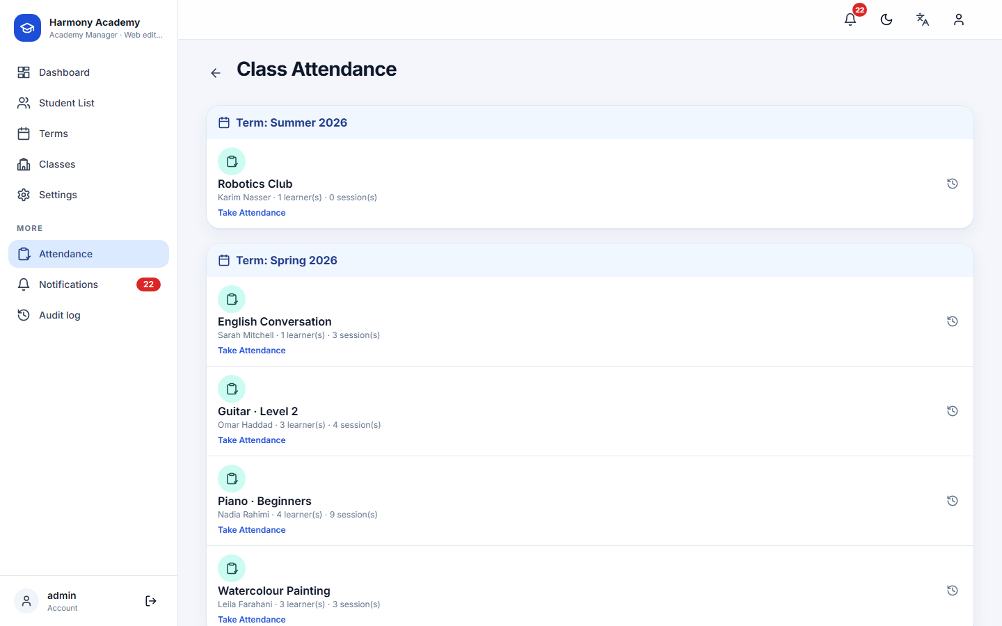Screenshot of Academy Manager: attendance-classes