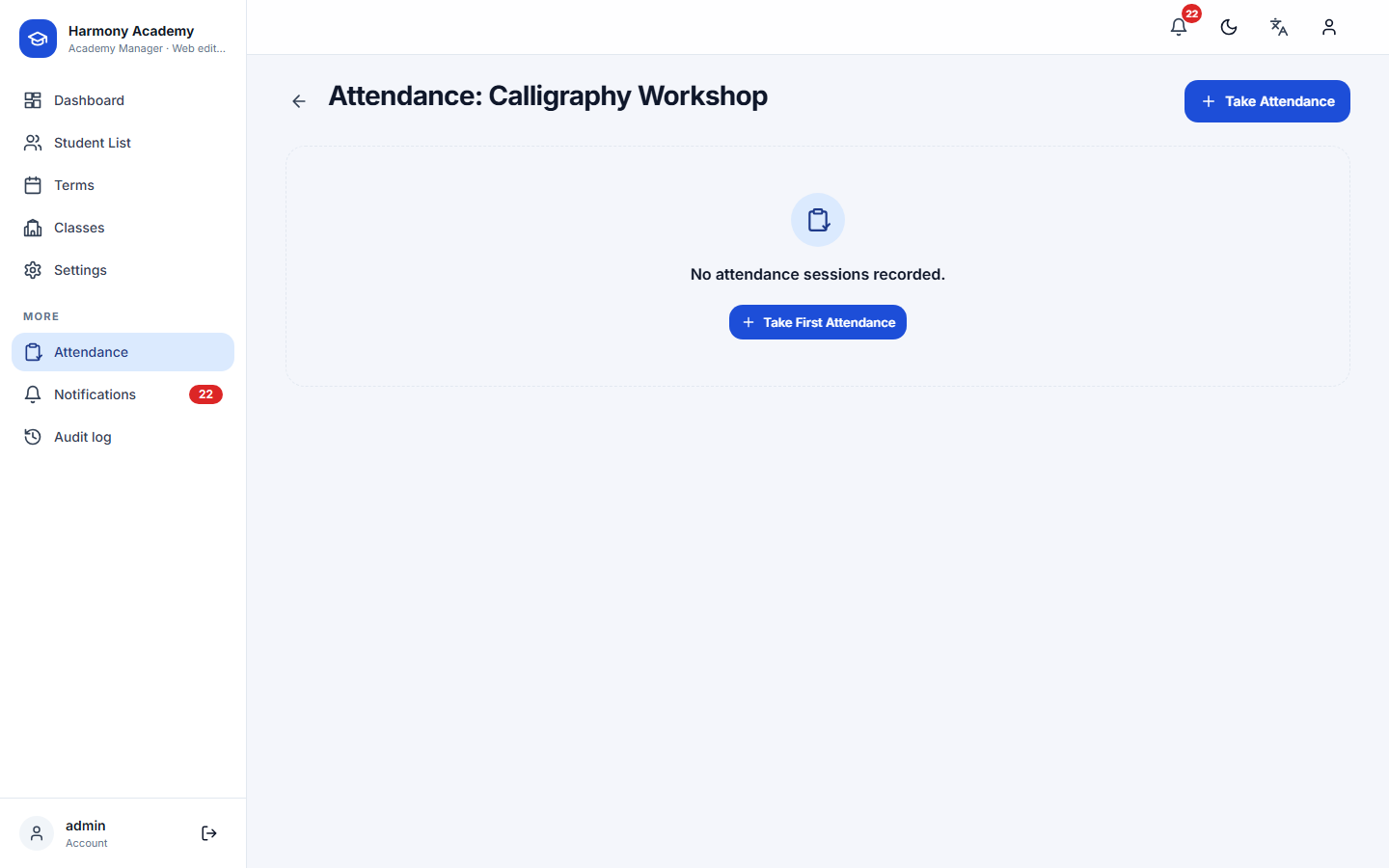 Screenshot of Academy Manager: attendance-history