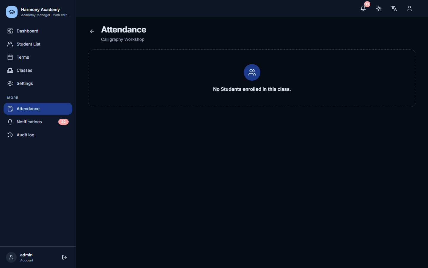 Screenshot of Academy Manager: attendance-sheet