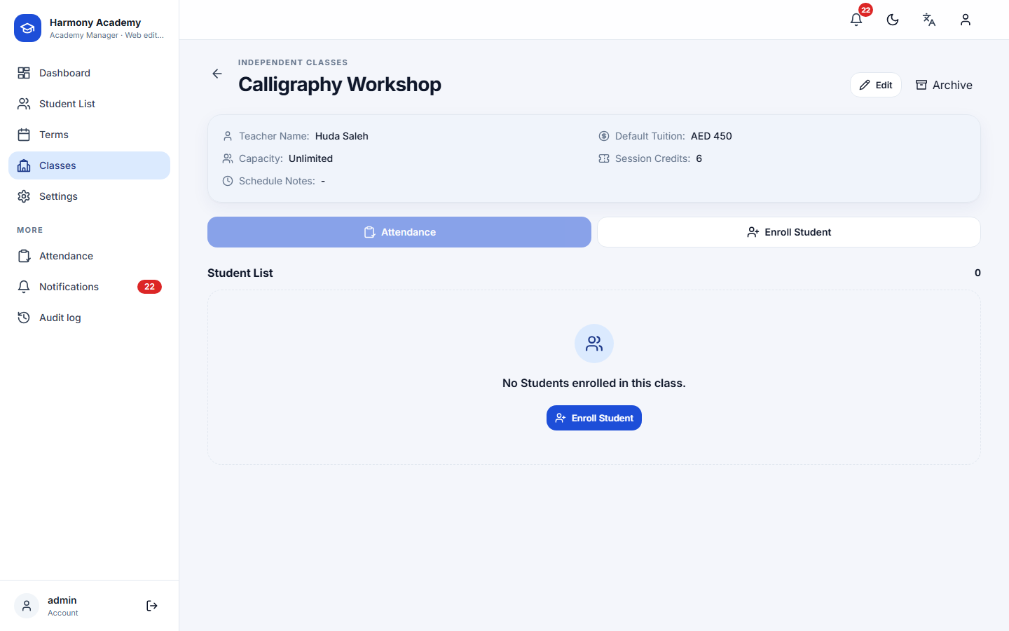 Screenshot of Academy Manager: class-details