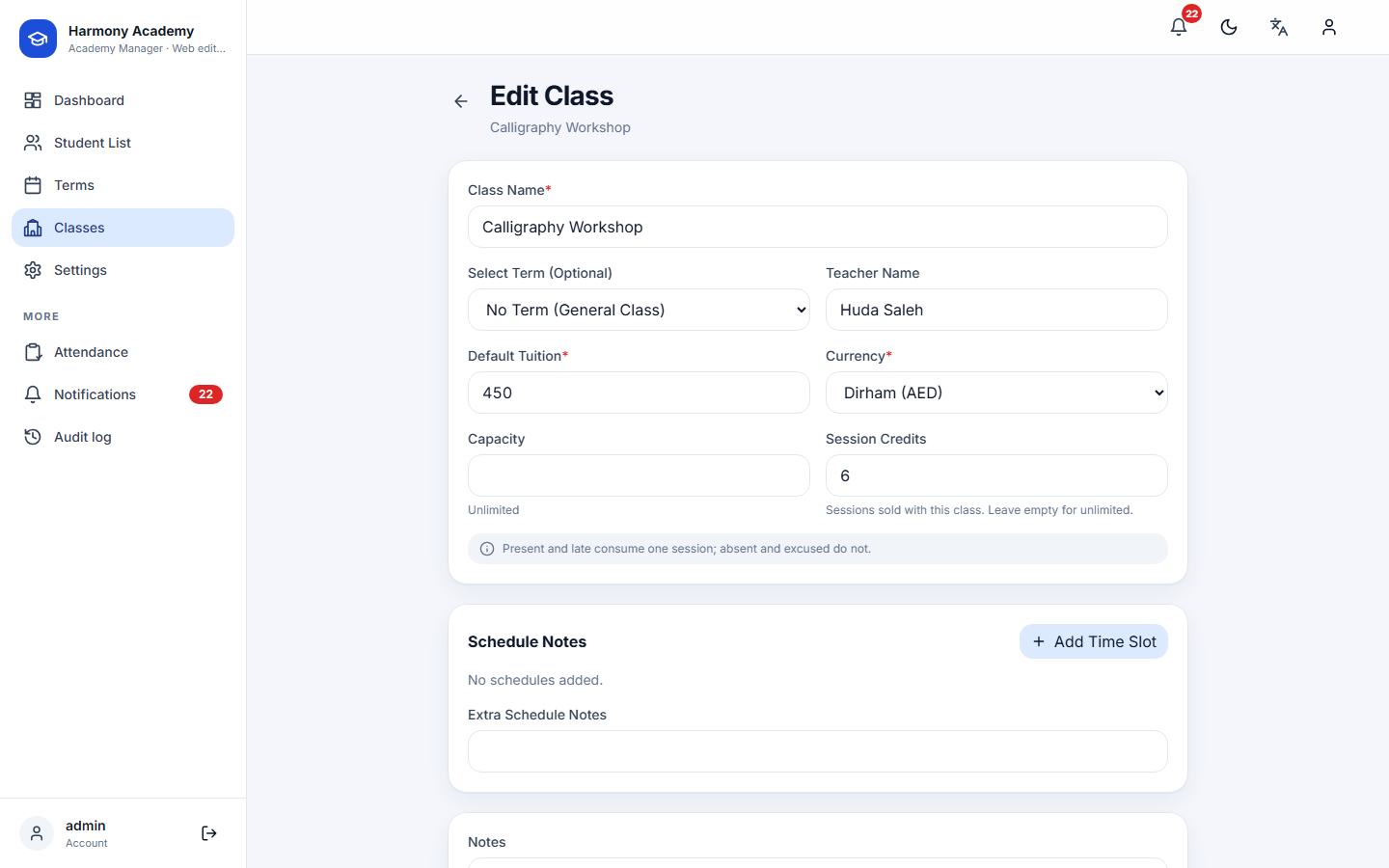 Screenshot of Academy Manager: class-form