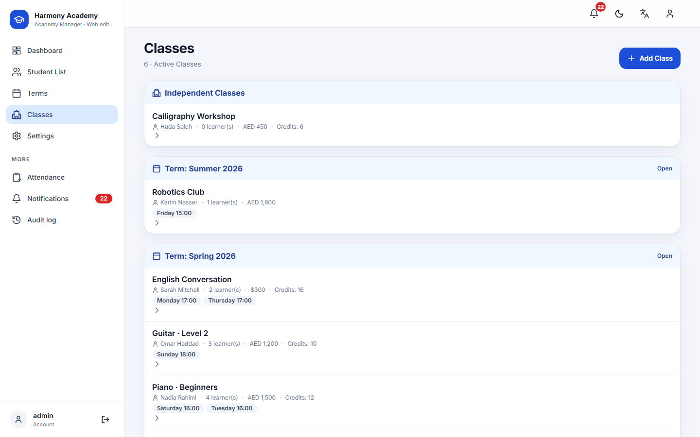 Screenshot of Academy Manager
