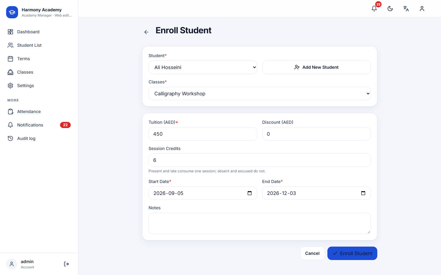 Screenshot of Academy Manager: enroll