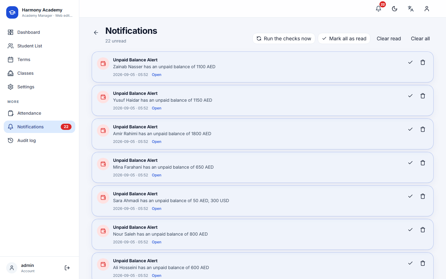 Screenshot of Academy Manager: notifications