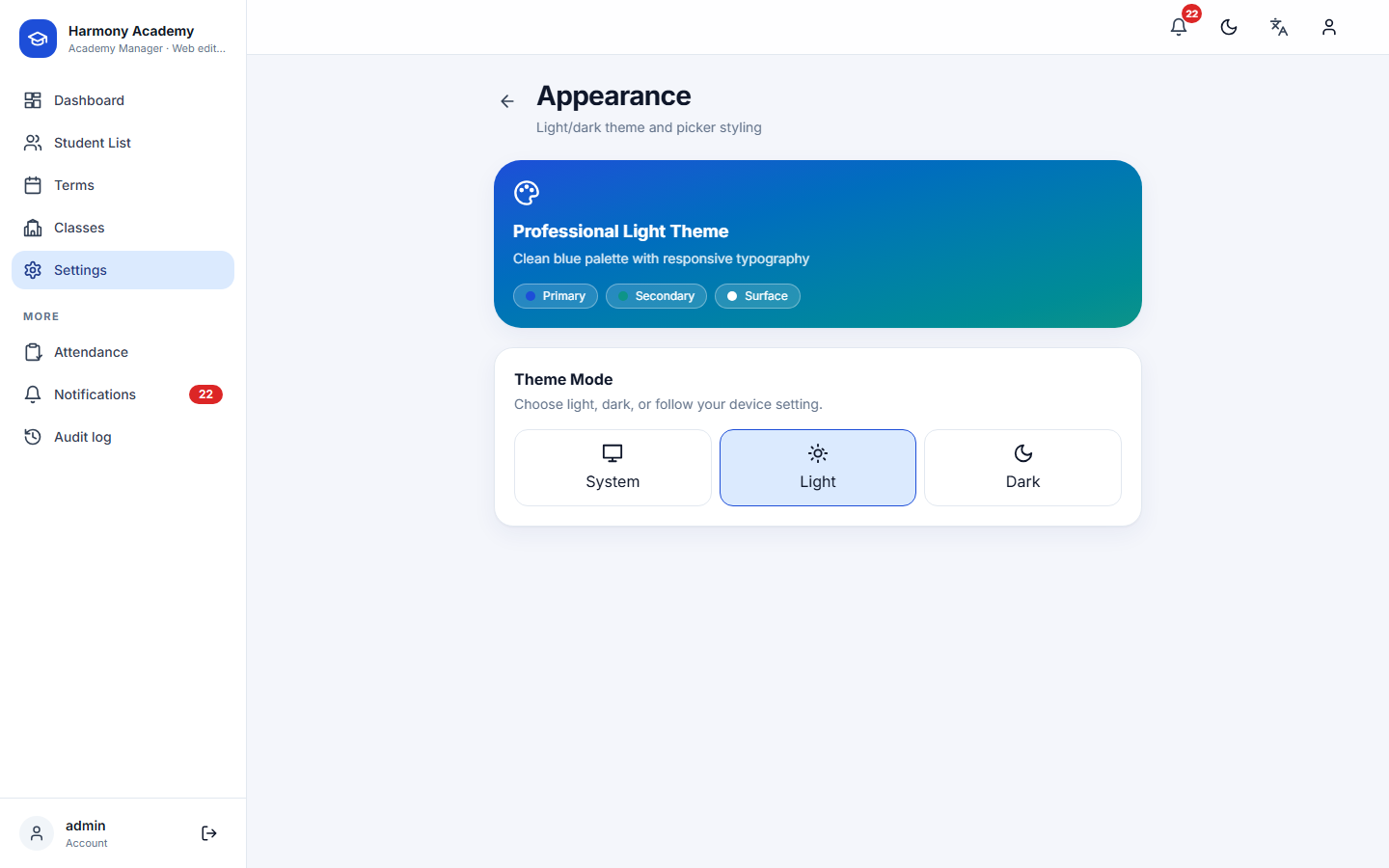 Screenshot of Academy Manager: settings-appearance