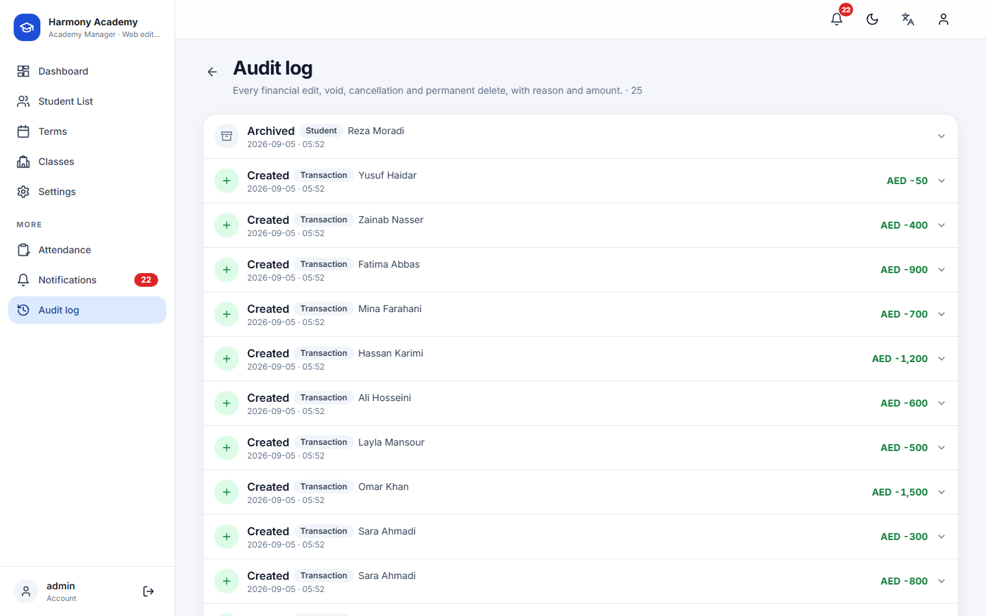 Screenshot of Academy Manager: settings-audit
