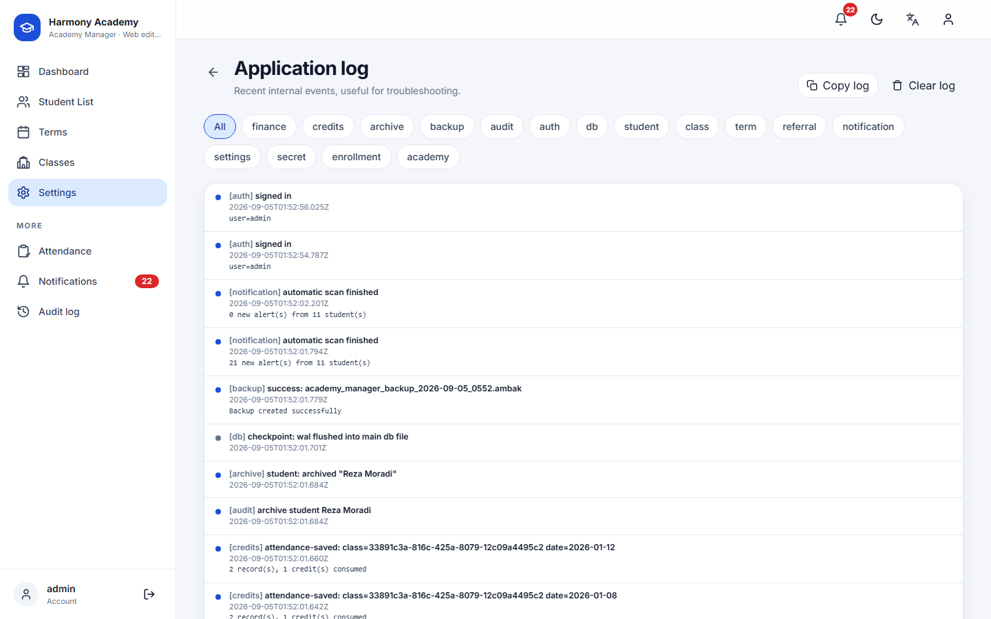 Screenshot of Academy Manager: settings-logs