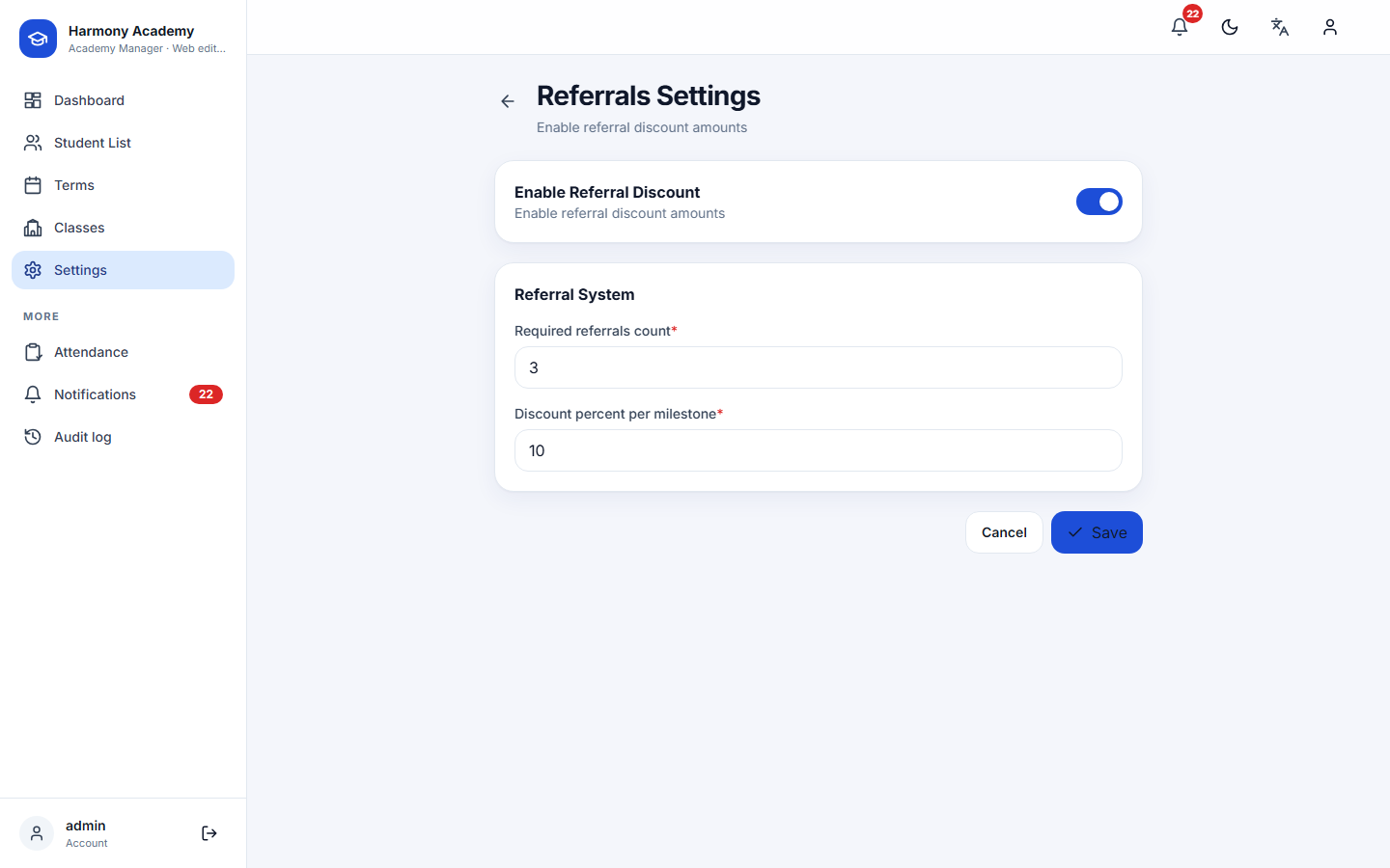 Screenshot of Academy Manager: settings-referrals