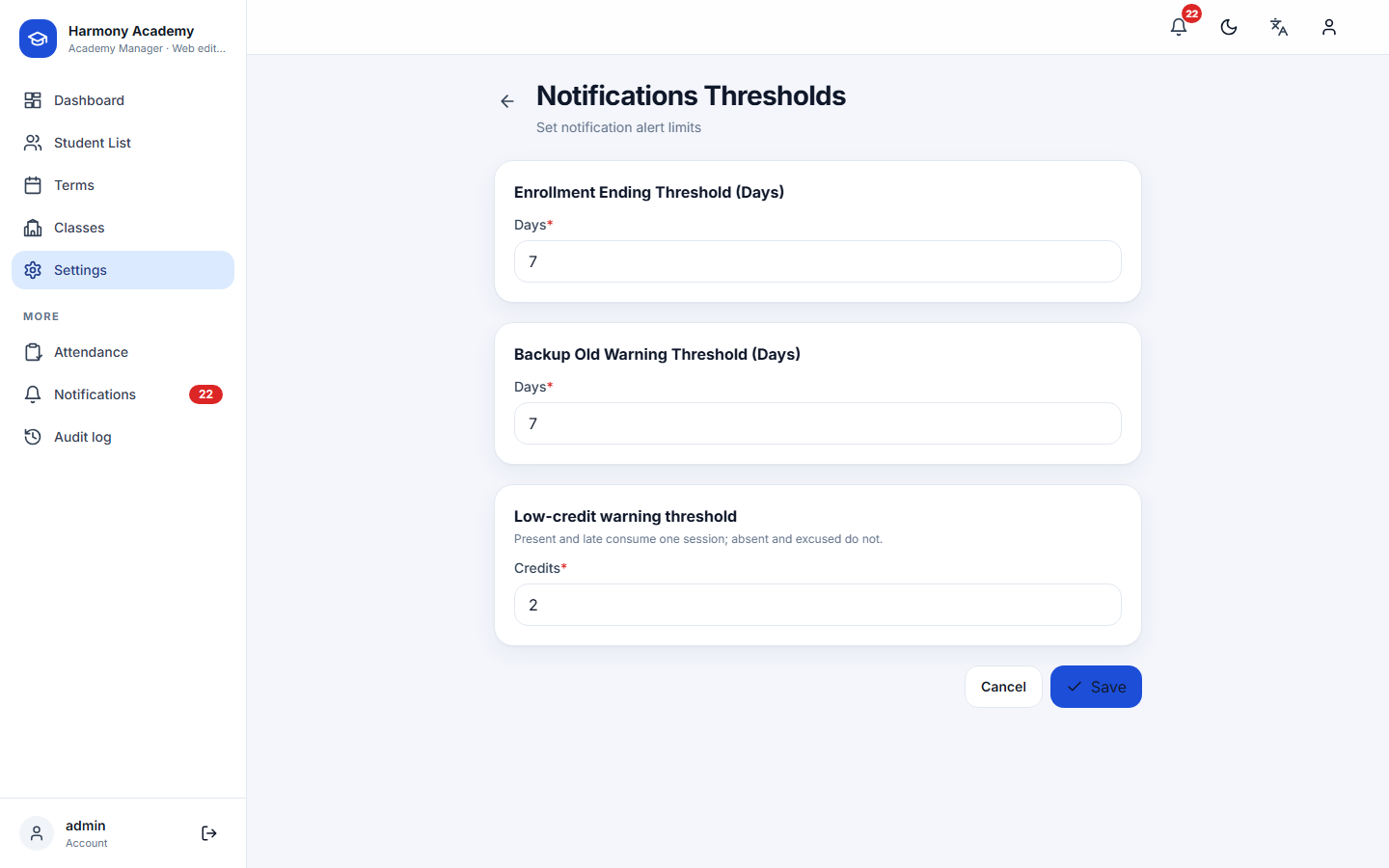 Screenshot of Academy Manager: settings-thresholds