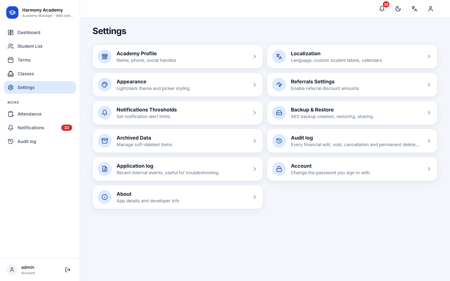 Screenshot of Academy Manager: settings