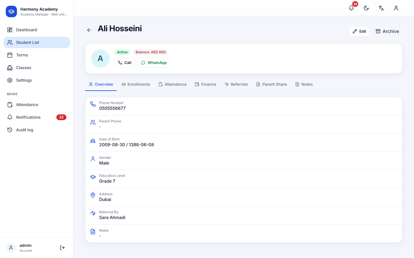 Screenshot of Academy Manager: student-overview