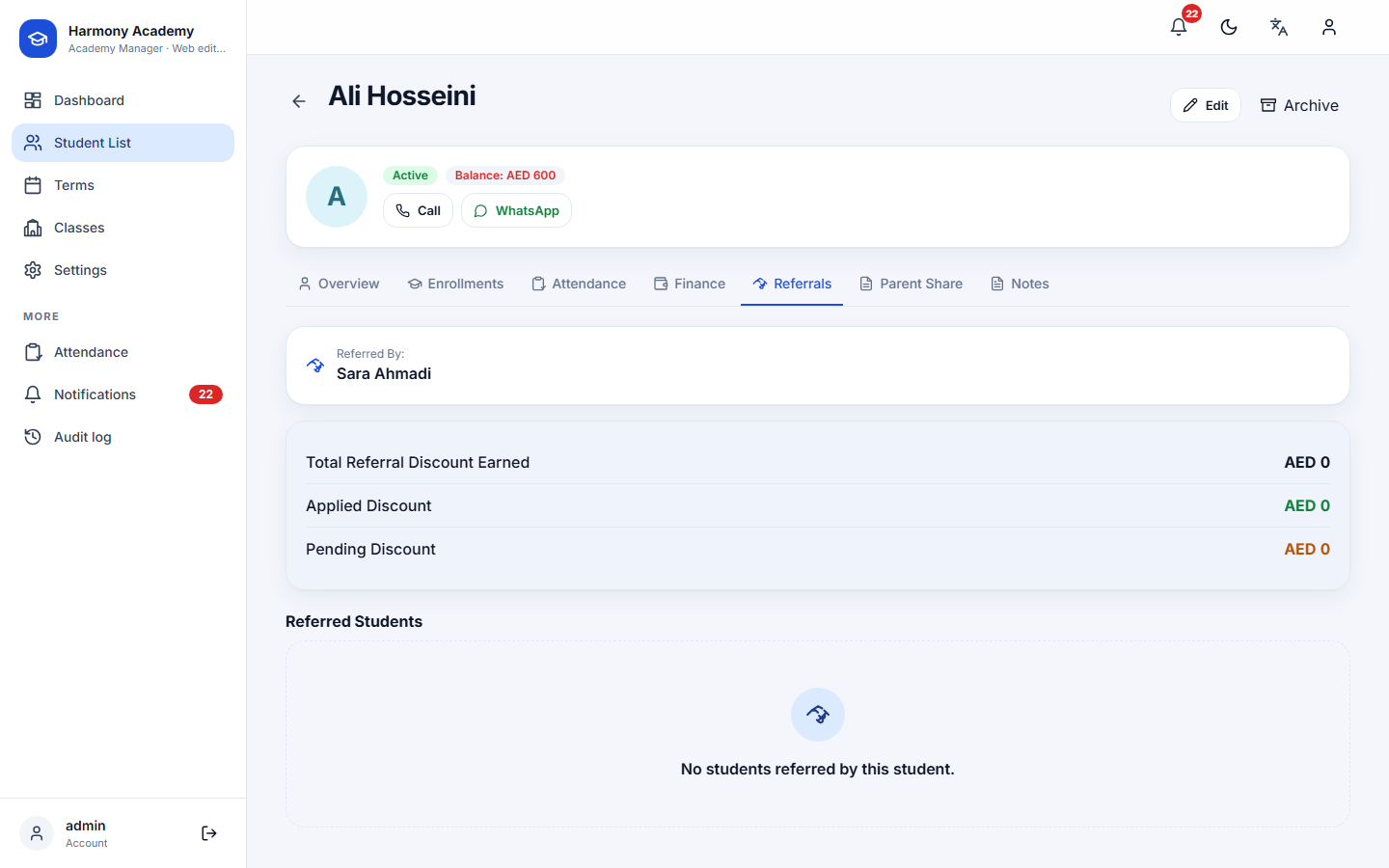 Screenshot of Academy Manager: student-referrals