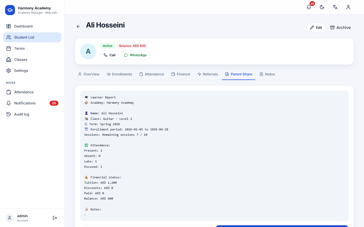 Screenshot of Academy Manager: student-report