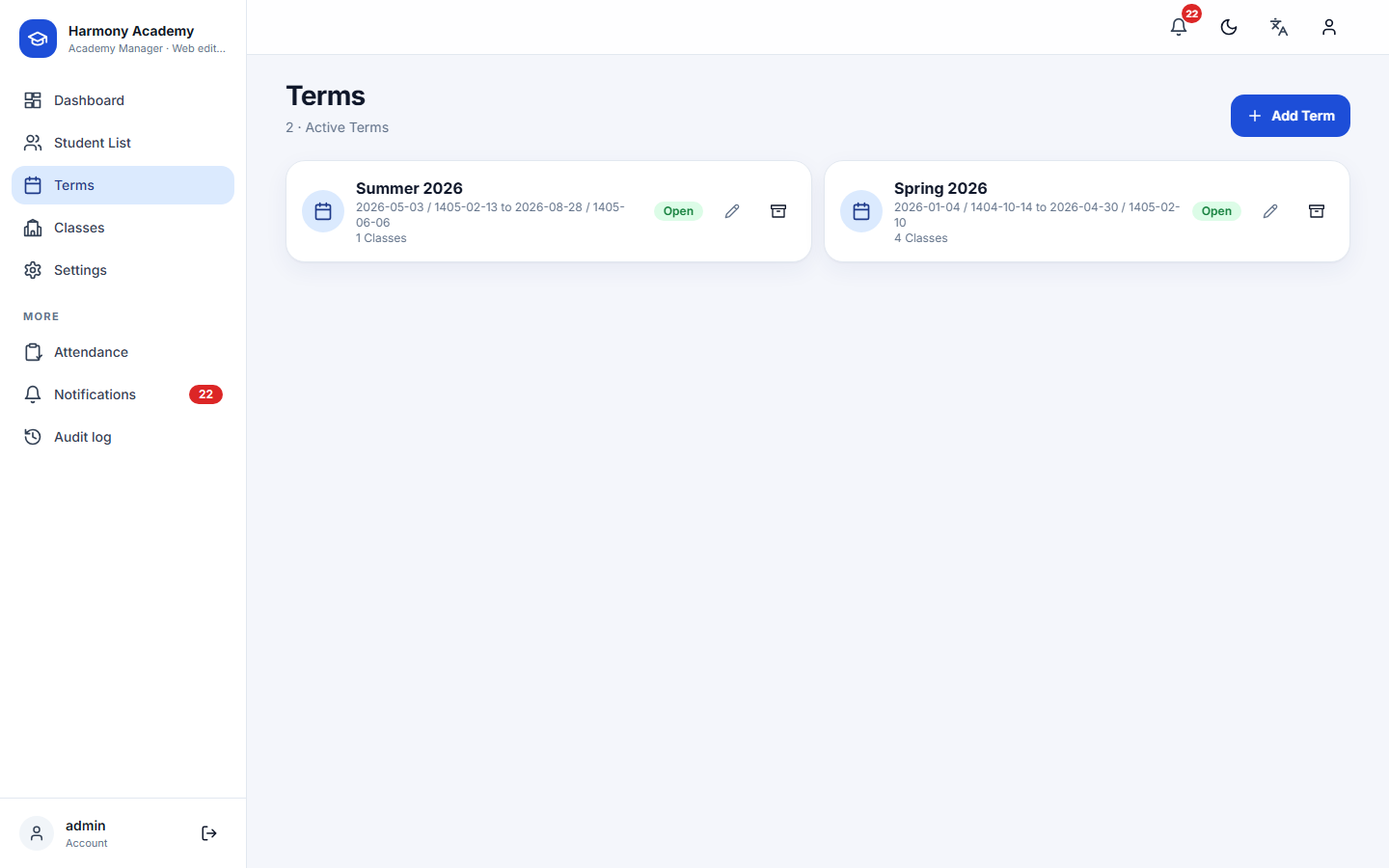 Screenshot of Academy Manager: terms