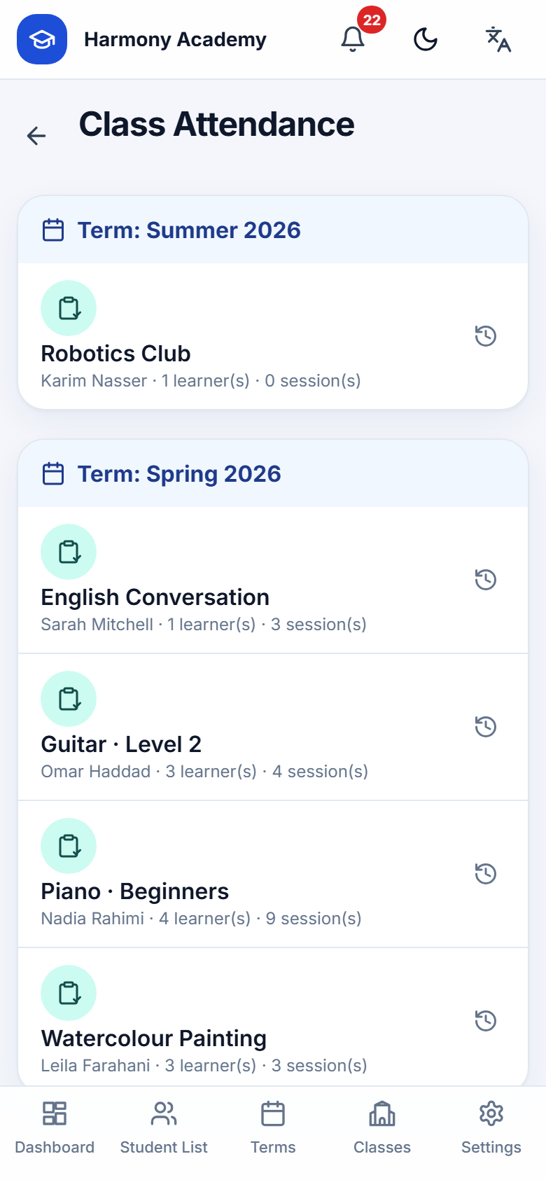 Screenshot of Academy Manager: attendance-classes