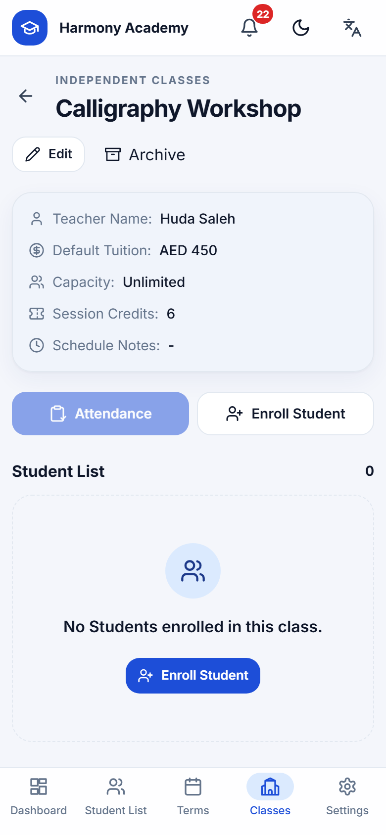 Screenshot of Academy Manager: class-details