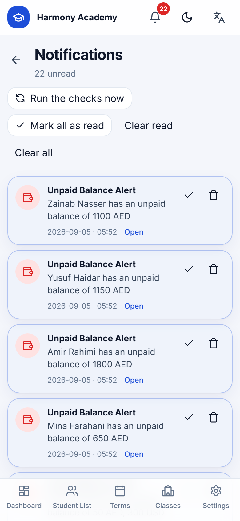 Screenshot of Academy Manager: notifications