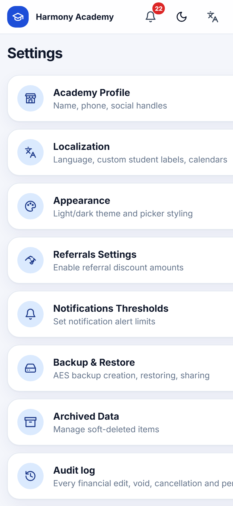 Screenshot of Academy Manager: settings