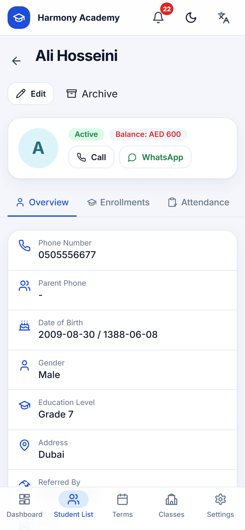 Screenshot of Academy Manager: student-overview